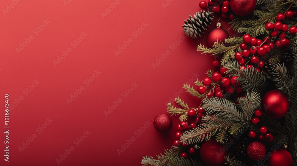 Christmas wreath with red ornaments, berries, and pine cones on red background Christmas wreath with red ornaments, berries, and pine cones on red background