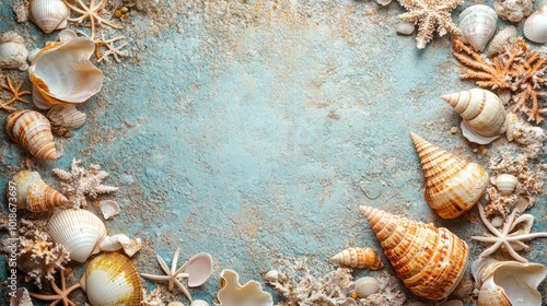 Seashells and Starfish Arranged on a Blue and Brown Textured Surface