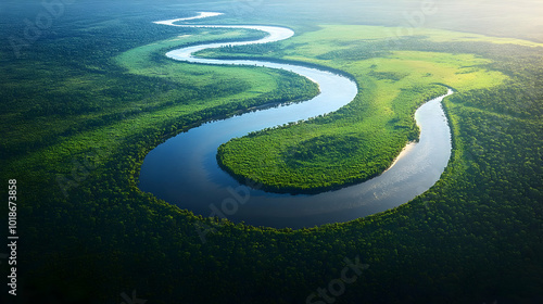 Aerial View of a Winding River Flowing Through Lush Green Forest, Meandering River Through a Dense Forest