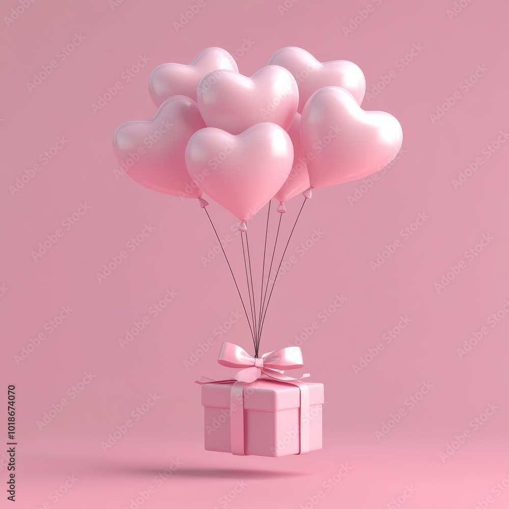 Pink heart-shaped balloons with gift box and bow. Romance and affection concept Pink heart-shaped balloons with gift box and bow. Romance and affection concept