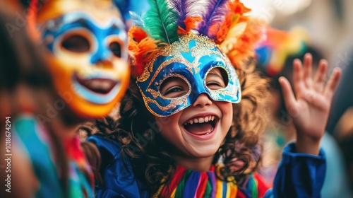 A playful image of children wearing colorful carnival masks, joyfully playing together during a street festival, embodying the innocence and excitement of the celebration.