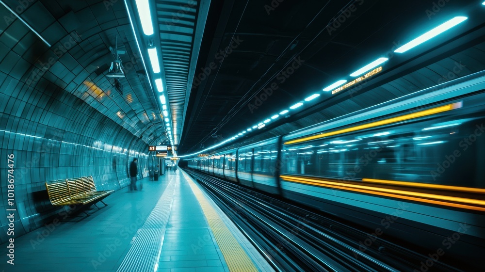 Motion blur of a train at a subway station with bright lights. Motion blur of a train at a subway station with bright lights.