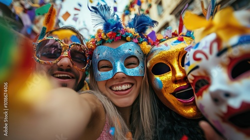 A playful image of friends wearing colorful carnival masks, posing for a selfie with smiles, surrounded by festive decorations that reflect the lively atmosphere.