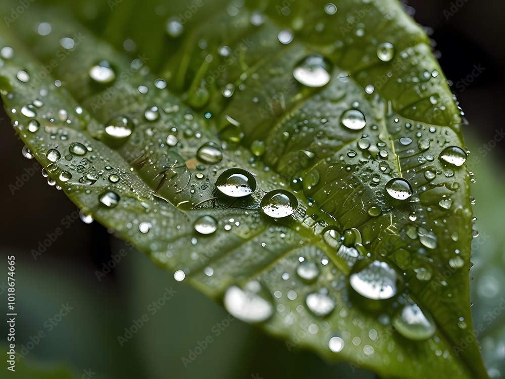 A close-up of a leaf with water droplets showing dew and freshness in a natural garden setting A close-up of a leaf with water droplets showing dew and freshness in a natural garden setting
