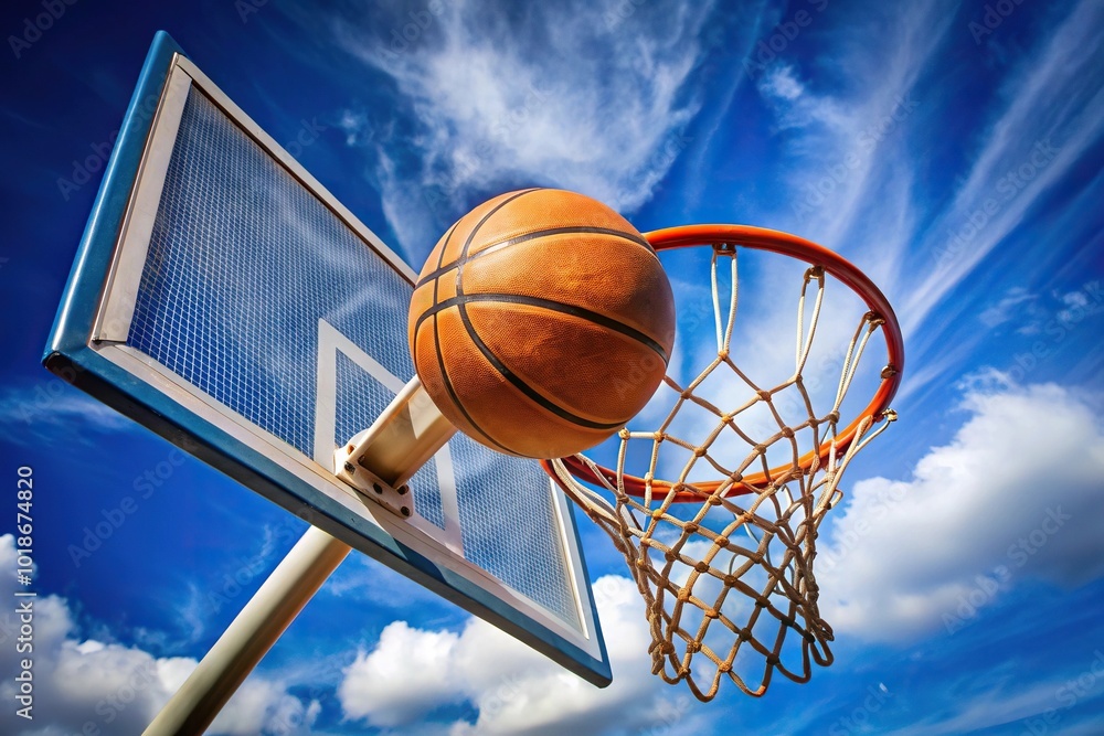 Basketball bouncing off rim and backboard of hoop Basketball bouncing off rim and backboard of hoop