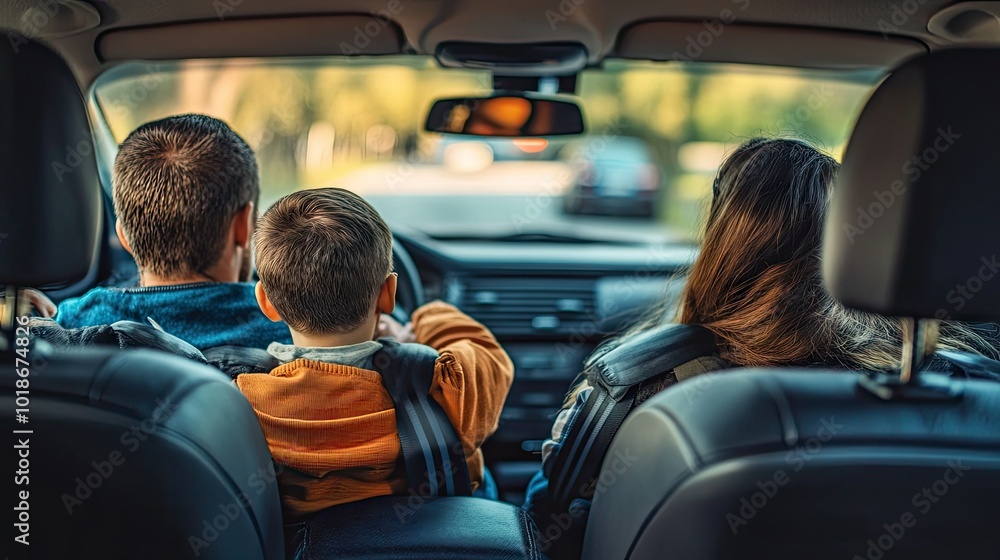 A rear view of passengers in a car, all buckled up with seatbelts, showcasing a family outing with an emphasis on safety. A rear view of passengers in a car, all buckled up with seatbelts, showcasing a family outing with an emphasis on safety.