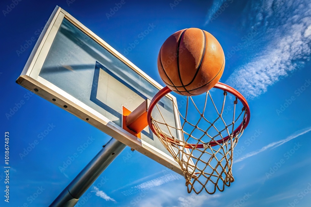 Basketball bouncing off rim and backboard of the hoop in wide angle view Basketball bouncing off rim and backboard of the hoop in wide angle view