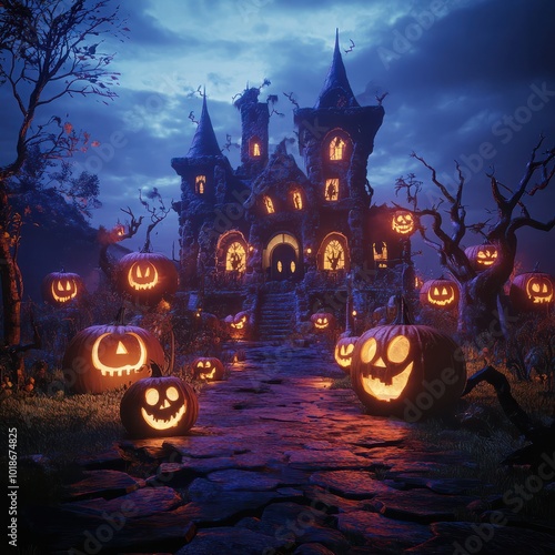 Halloween background with pumpkins and haunted house - 3D render. Halloween background with Evil Pumpkin. Spooky scary dark Night forrest. Holiday event halloween banner background concept