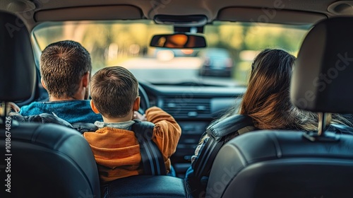 A rear view of passengers in a car, all buckled up with seatbelts, showcasing a family outing with an emphasis on safety.