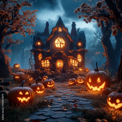 Halloween background with pumpkins and haunted house - 3D render. Halloween background with Evil Pumpkin. Spooky scary dark Night forrest. Holiday event halloween banner background concept