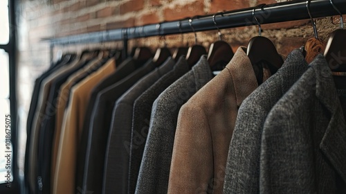 A row of formal coats and casual jackets hanging on industrial-style hangers in a trendy loft space with exposed brick walls.