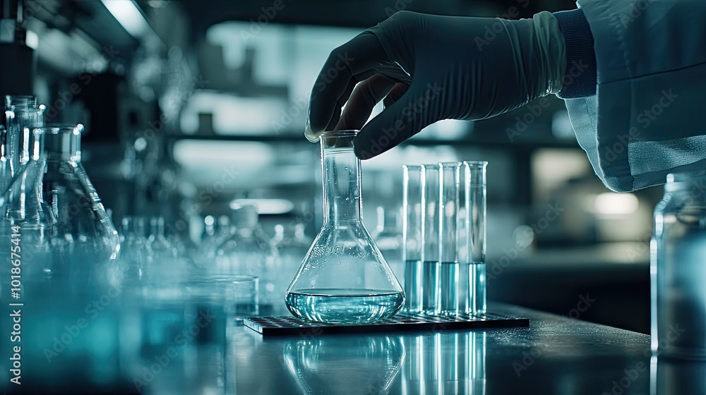A scientist's hand pouring liquid from one beaker to another, with additional glassware and lab equipment in the background, emphasizing precision in the lab. A scientist's hand pouring liquid from one beaker to another, with additional glassware and lab equipment in the background, emphasizing precision in the lab.