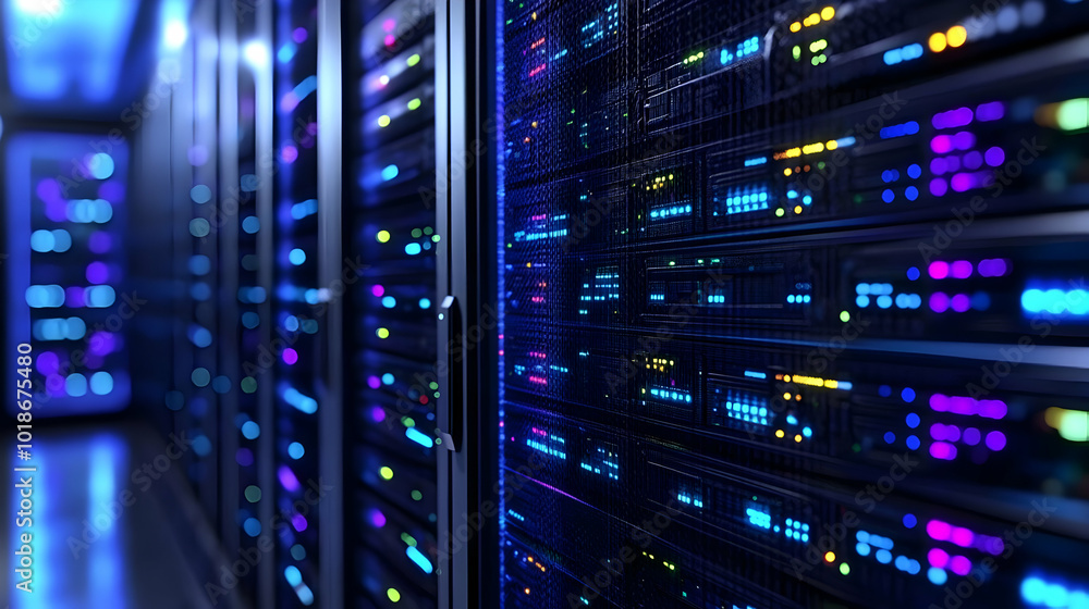 Servers Data Center with Glowing Lights in a Row Servers Data Center with Glowing Lights in a Row