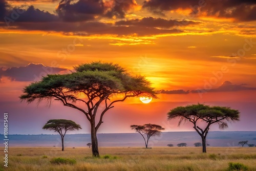 Beautiful Acacia trees silhouetted against a vibrant sunset in the Masai Mara from a bird's eye view