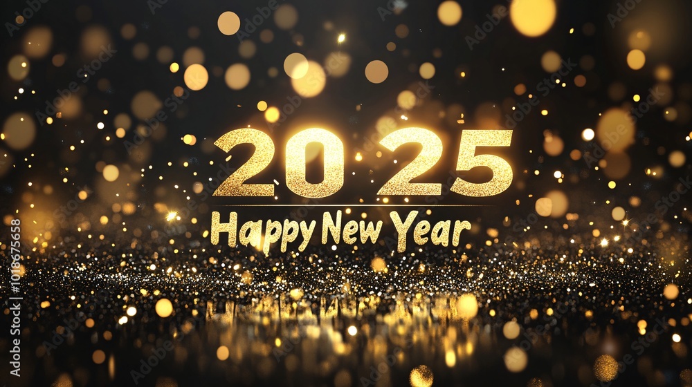 Festive celebration of the New Year 2025 with golden numbers and sparkling lights on a dark background, symbolizing hope and new beginnings.