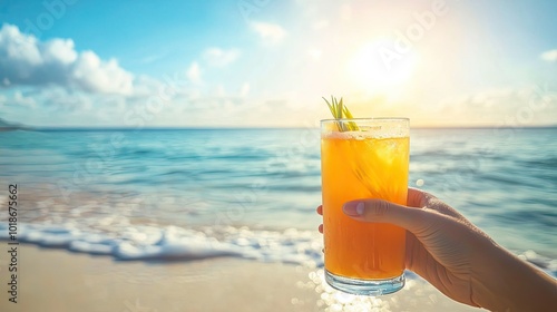 A serene beach scene where a hand is blocking the sun while holding a tropical drink, emphasizing relaxation and leisure on a sunny day.