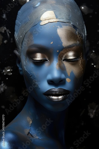 Portrait closeup of beautiful black woman. Beauty african face. Perfect shiny skin. Fashion model girl posing. Creaive blue metallic makeup. photo