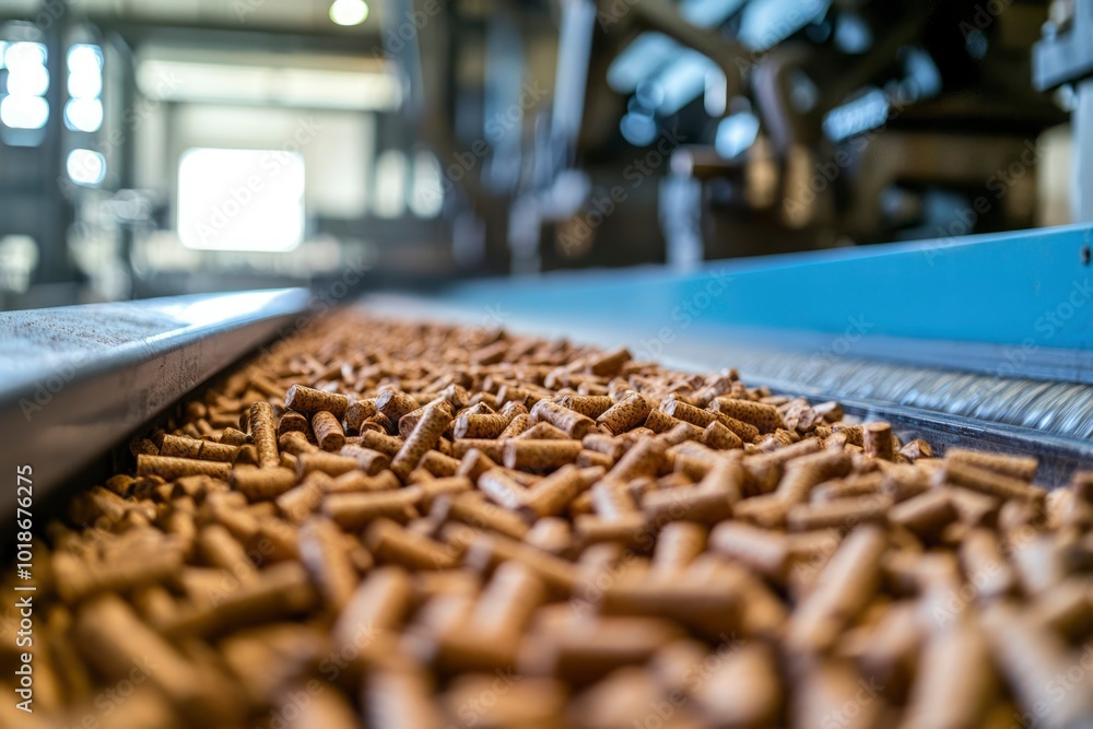 Close-up of Wood Pellets Flowing on a Conveyor Belt in a Factory Close-up of Wood Pellets Flowing on a Conveyor Belt in a Factory