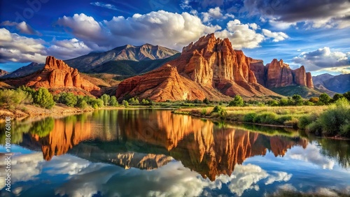 Beautiful scenery of red rocks, desert, and mountains in Colorado with reflection on water