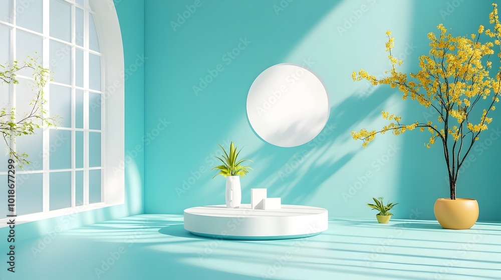 Futuristic 3D Studio Space with Vibrant Azure Blue Backdrop Clean Lines Geometric Architecture and a Central Product Display Podium Under Bright Window Illumination Futuristic 3D Studio Space with Vibrant Azure Blue Backdrop Clean Lines Geometric Architecture and a Central Product Display Podium Under Bright Window Illumination