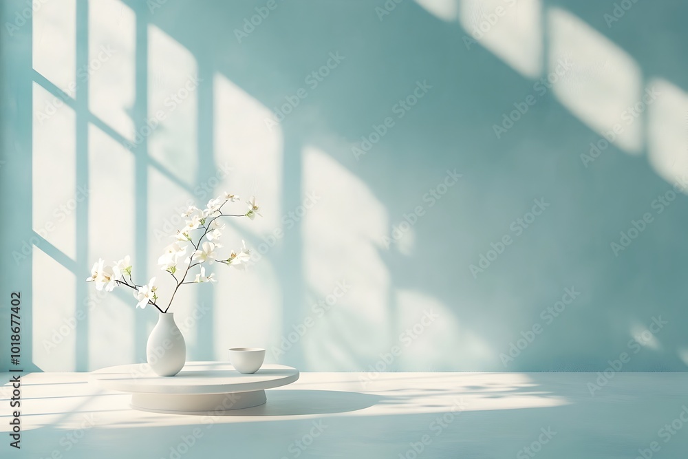 Calming 3D studio scene with an indigo color scheme clean floor and wall surfaces a central product shadows across the countertop and a digital mockup bathed in soft sunlight Calming 3D studio scene with an indigo color scheme clean floor and wall surfaces a central product shadows across the countertop and a digital mockup bathed in soft sunlight
