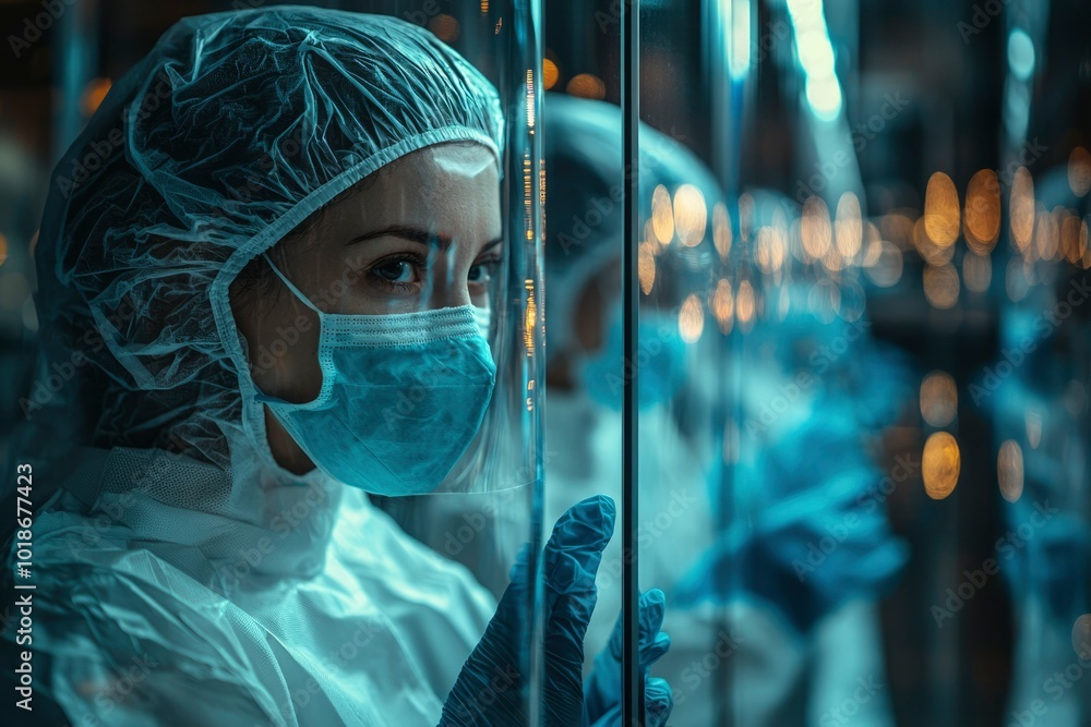 Close-up Portrait of a Woman in a Protective Suit and Mask Close-up Portrait of a Woman in a Protective Suit and Mask