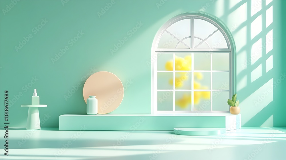 Minimalistic 3D studio room with cool mint background empty floor and wall product podium shadow overlay from window to countertop mockup with natural sunlight Minimalistic 3D studio room with cool mint background empty floor and wall product podium shadow overlay from window to countertop mockup with natural sunlight