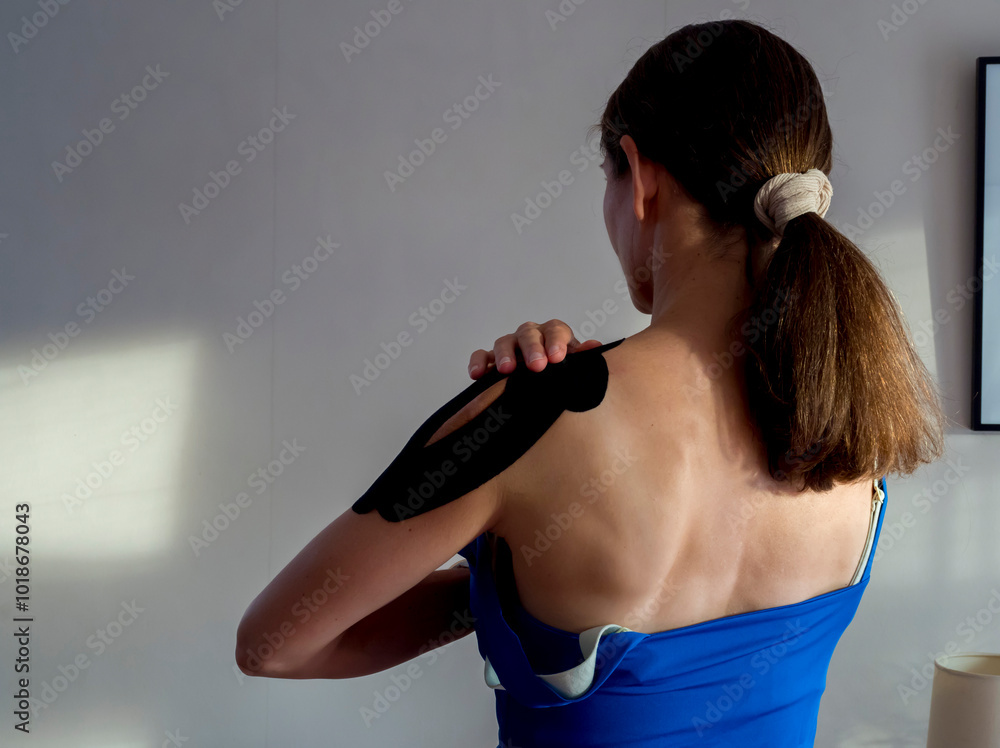 Woman with shoulder injury and Kinesiology Tape