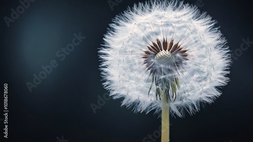 A single dandelion seed head with white seeds against a dark background.