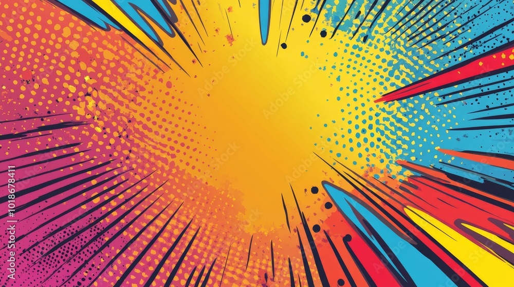 Fototapeta premium Abstract colorful comic book explosion background with radial lines, dots, and halftone effect