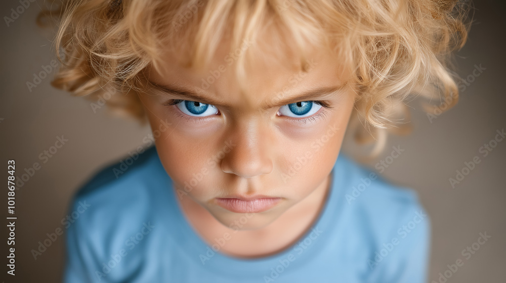 Young child with curly blonde hair and piercing blue eyes looks up with a serious expression, conveying a mixture of curiosity and determination.