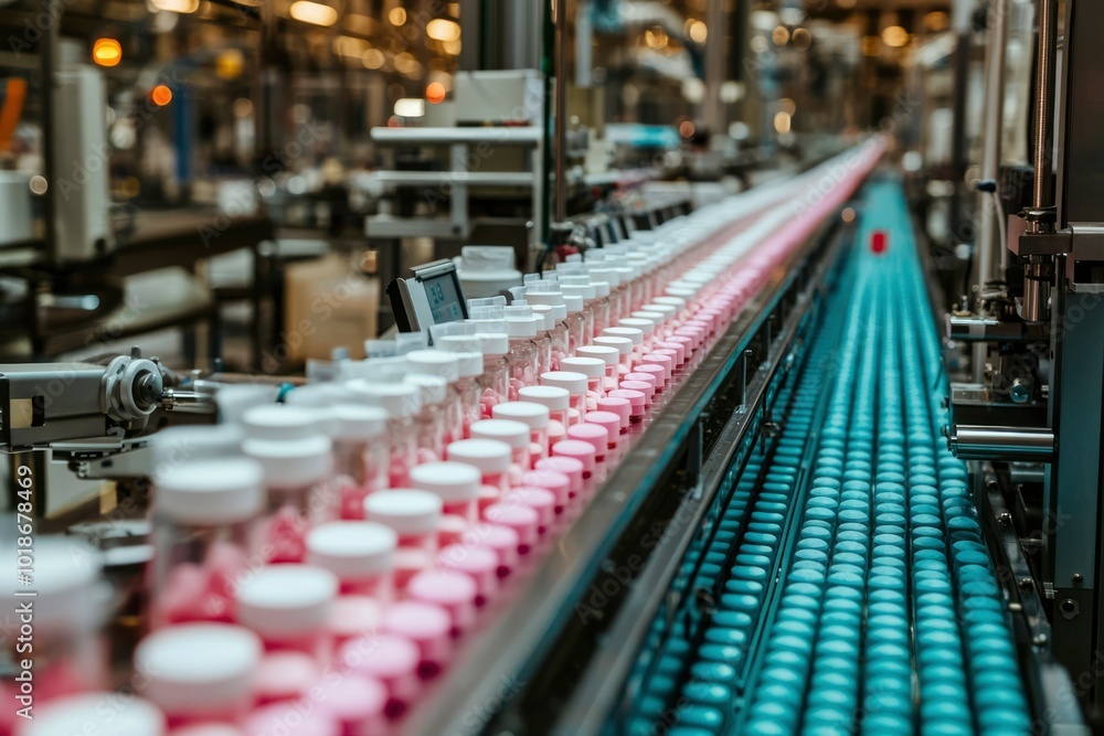 Fototapeta premium Automated Packaging Line with Pink and Blue Pills in Jars