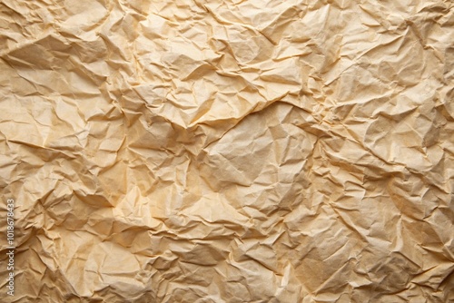 Beige crumpled paper texture background with abstract wrinkled wallpaper, low angle view