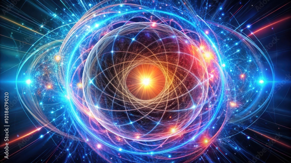 Obraz premium Glowing Quantum Particle Explores Circular Paths and Light Trails of Entanglement