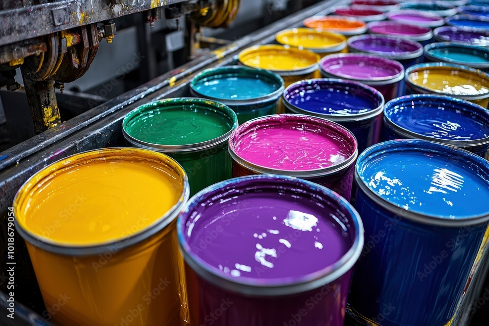 A Row of Colorful Ink Buckets in a Printing Factory A Row of Colorful Ink Buckets in a Printing Factory