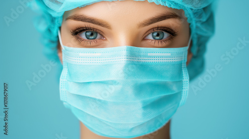 Healthcare professional wearing a surgical mask and cap looks directly ahead with bright blue eyes, symbolizing focus, care, and the importance of safety in medical settings.