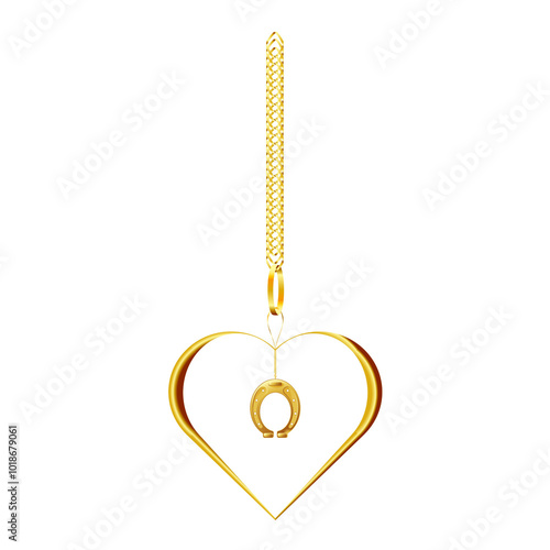 Golden Horseshoe on a Chain with Goldenrod Heart. Single Object for Your Gift. Raster. 3D Illustration