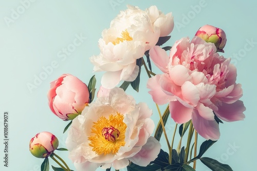 A vibrant bouquet of delicate peonies in soft shades of pink against a serene blue background, capturing the essence of spring