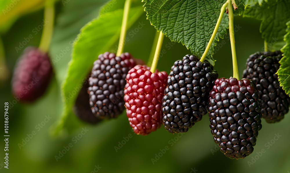 Black Ripe and Red Unripe Mulberries | Contrast of Fresh, Juicy Mulberries at Different Stages of Ripeness Black Ripe and Red Unripe Mulberries | Contrast of Fresh, Juicy Mulberries at Different Stages of Ripeness