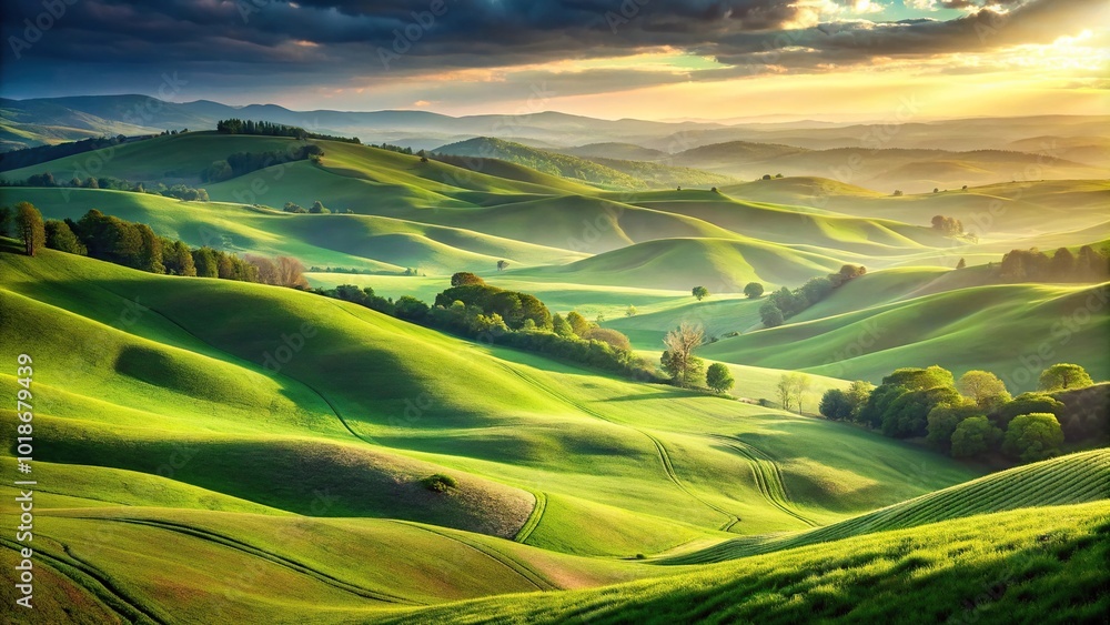 Fototapeta premium Bird Eye View Abstract landscape with rolling lush green hills and grass; soft sunlight and serene atmosphere.