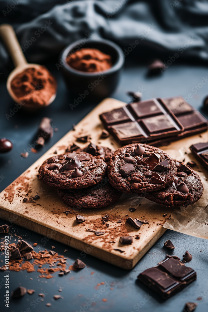 A wooden cutting board with a pile of chocolate chip cookies