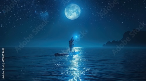 A paddleboarder with glowing lights on their SUP board, paddling through dark, calm waters under a starry sky. The moonlight reflects on the water.  photo