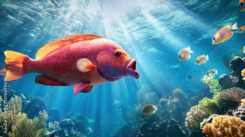 Naklejka premium Vibrant Underwater Scene with Colorful Fish and Coral