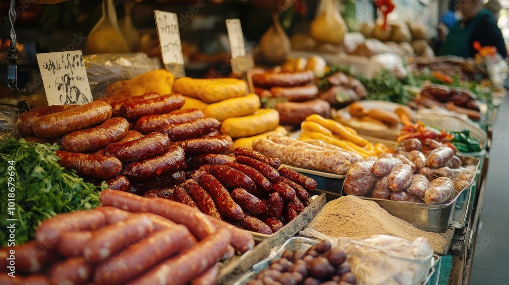 Obraz premium Colorful Display of Sausages at Market Stall