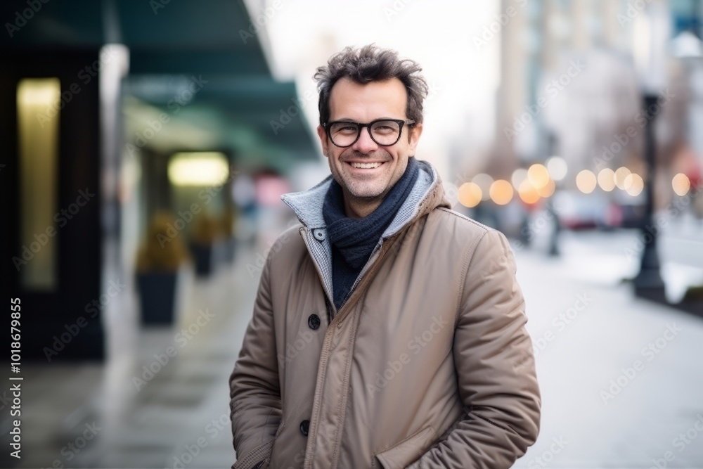 Portrait of a handsome man wearing eyeglasses and coat in the city Portrait of a handsome man wearing eyeglasses and coat in the city