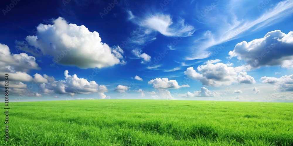 Lush green grass field under clear blue sky with fluffy white clouds backdrop Lush green grass field under clear blue sky with fluffy white clouds backdrop