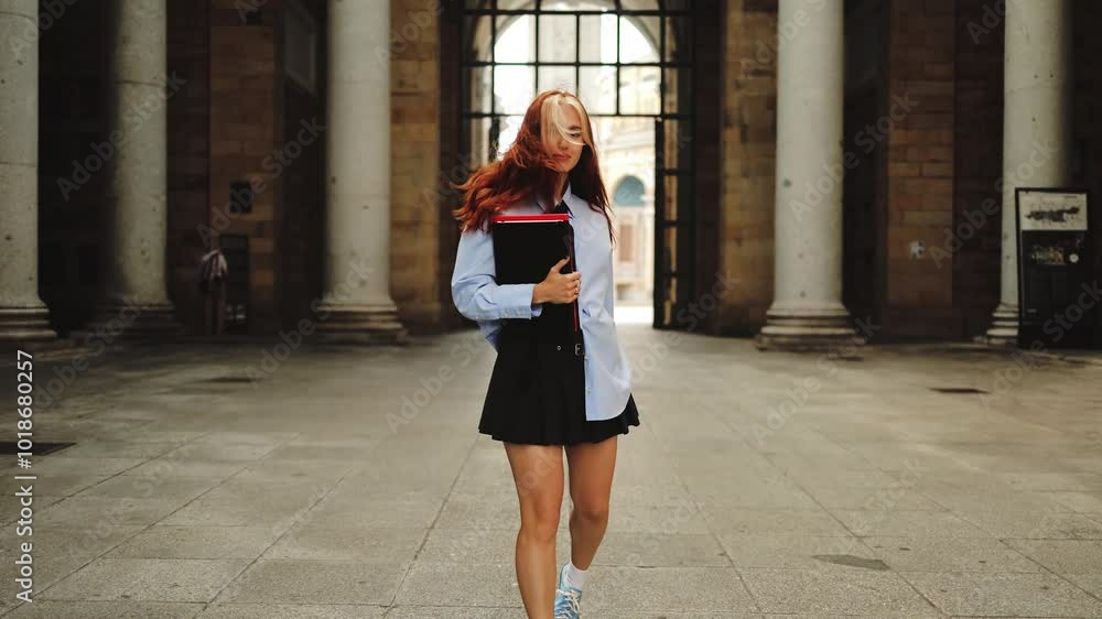 Gorgeous girl student enters gates, university doors, admission and education, courses, lessons, recess, student life, knowledge, girl with notebooks in hands, success, intelligence, future life Gorgeous girl student enters gates, university doors, admission and education, courses, lessons, recess, student life, knowledge, girl with notebooks in hands, success, intelligence, future life