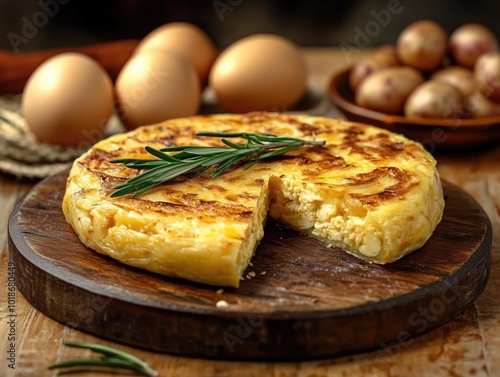 Tortilla española presentation interior and exterior on a table photo