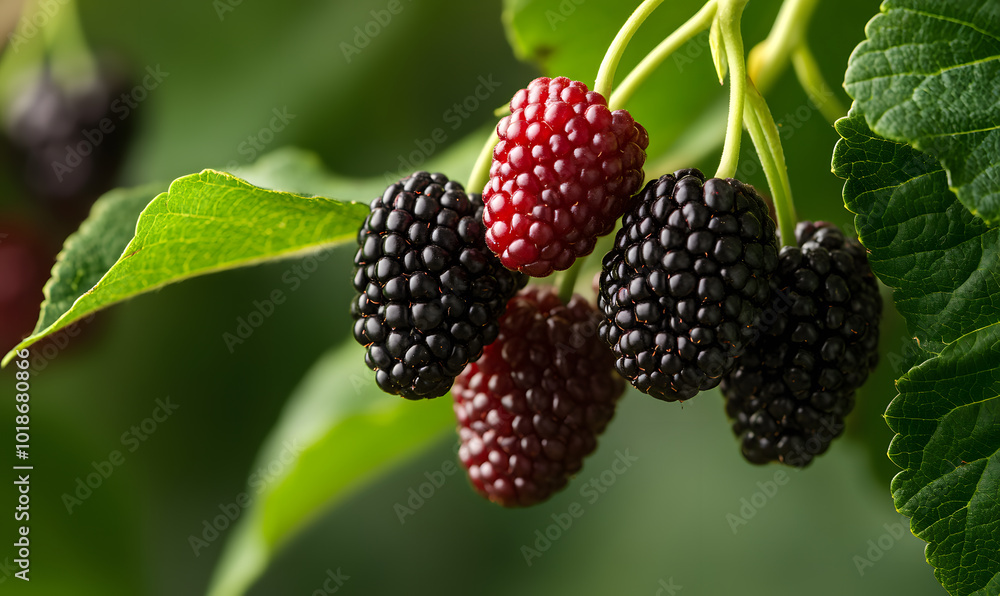 Black Ripe and Red Unripe Mulberries | Contrast of Fresh, Juicy Mulberries at Different Stages of Ripeness Black Ripe and Red Unripe Mulberries | Contrast of Fresh, Juicy Mulberries at Different Stages of Ripeness
