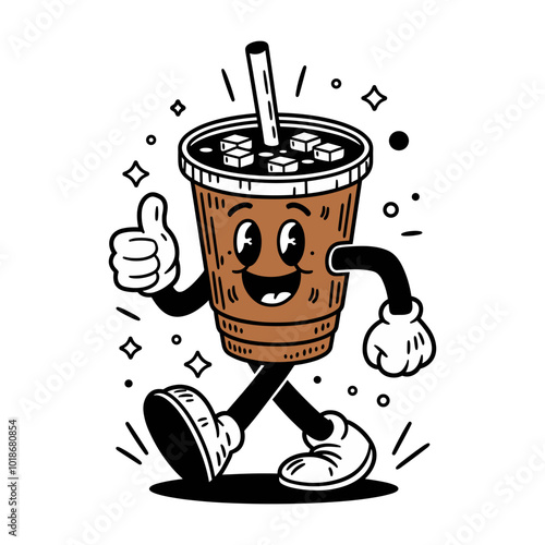 A cheerful drink character with arms and legs, conveying joy and fun